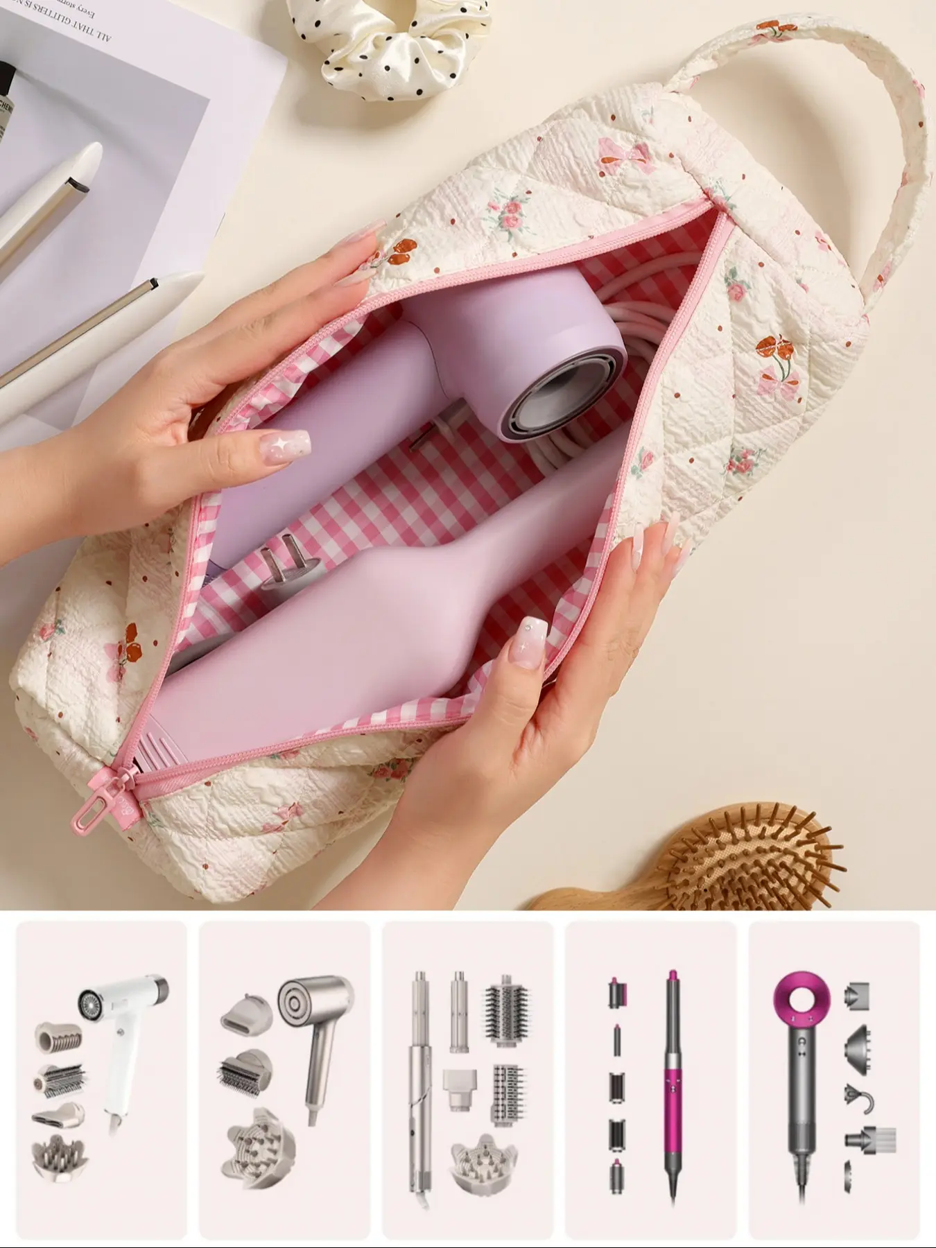 2-in-1 Large Cosmetics Organizer, Beauty Storage Pouch, Travel Makeup Bags Organizers, Heatproof Tote Dryer Case Hair Dryer Storage Case Travel Organizer Polyester Padded Shockproof Nylon Foldable for Travel and Home Makeup Storage Bag