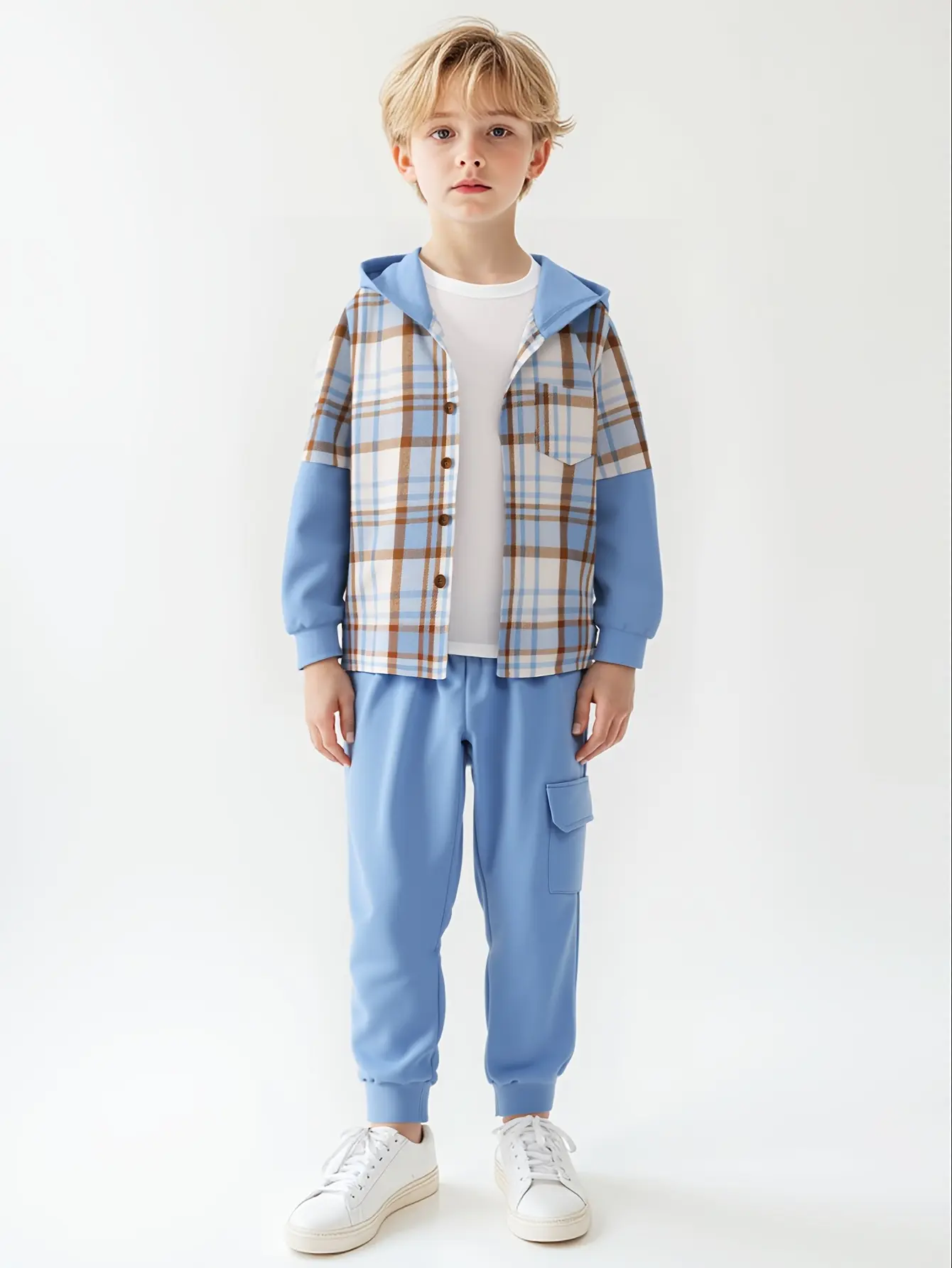2-piece children's flannel plaid shirt and pants set, boys' hoodie tracksuit for autumn, winter, and spring, suitable for ages 4-12 Outfit Sets Matching Set