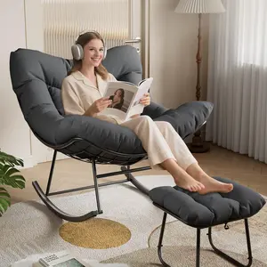 GAOMON Oversized Papasan Rocking Chair with Footrest, Outdoor Lounge Chair with Ottoman and Sturdy Metal Frame, Patio Rattan Egg Rocker , Grey