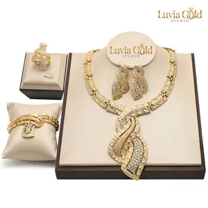 4pcs Luxurious Jewelry Set Gold Plated Necklace Earrings Link Tennis Bracelet Open Ring Set for Women Perfect for Brides Bridesmaids Prom Parties and Special Occasions Luvia Gold Handcrafted Gift for her