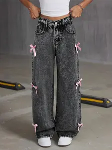 Girls' Loose Fit Bell Bottom Jeans with Cute Bow Detail, Elastic Comfortable Back Waist, All Season Fashion, Casual Daily Wear