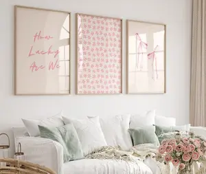 Trendy Pink Wall Art Set of 3, How Lucky Are We Print, Coastal Preppy Floral Bow Art, Aesthetic Coquette Dorm Room Decor, Chinoiserie Prints