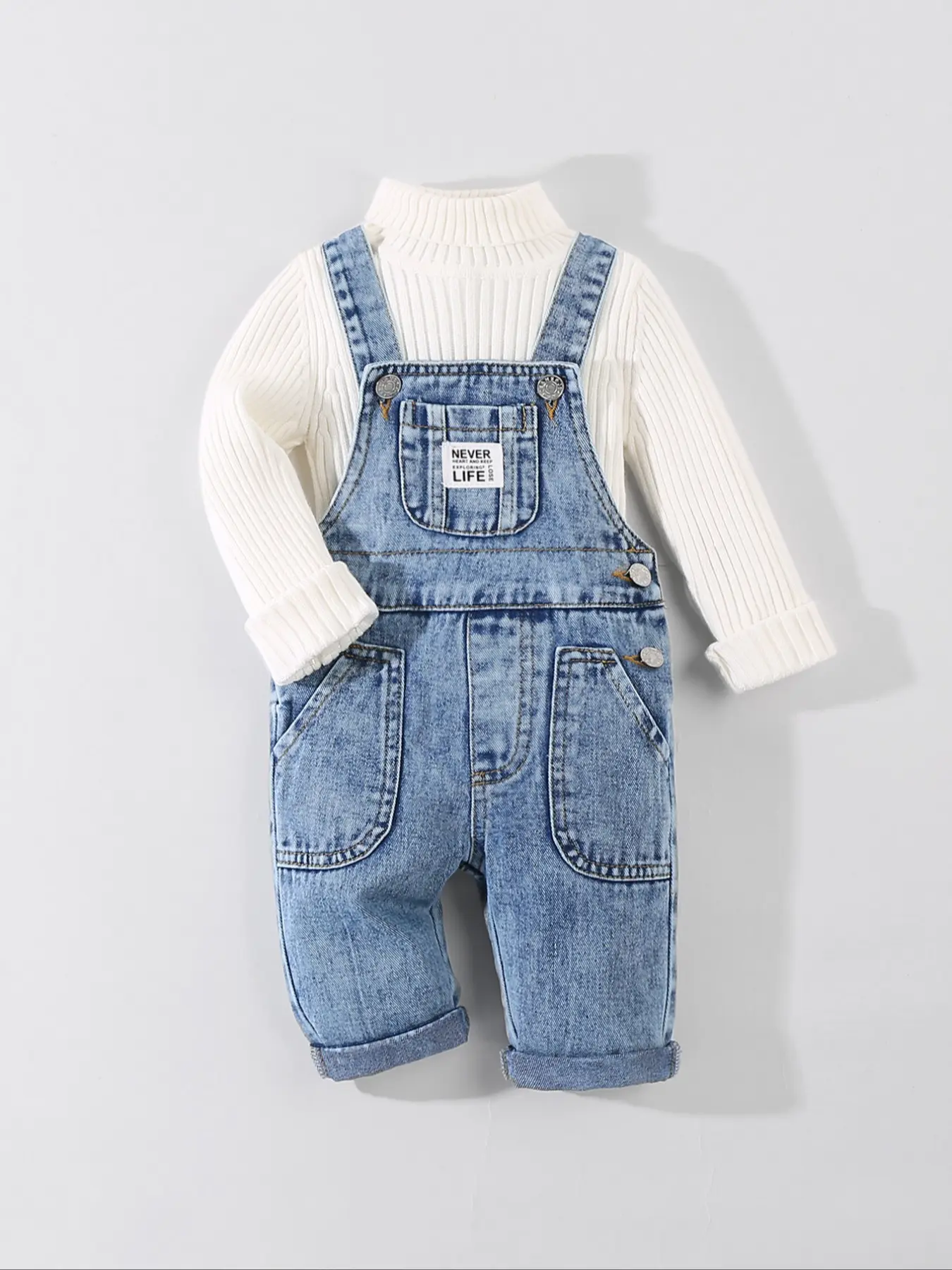 Baby Denim Bib Pants, Adjustable Shoulder Straps, Fashion Letter Patch, Comfortable Washed Snowflake Effect, Casual Daily Wear, Baby Clothing