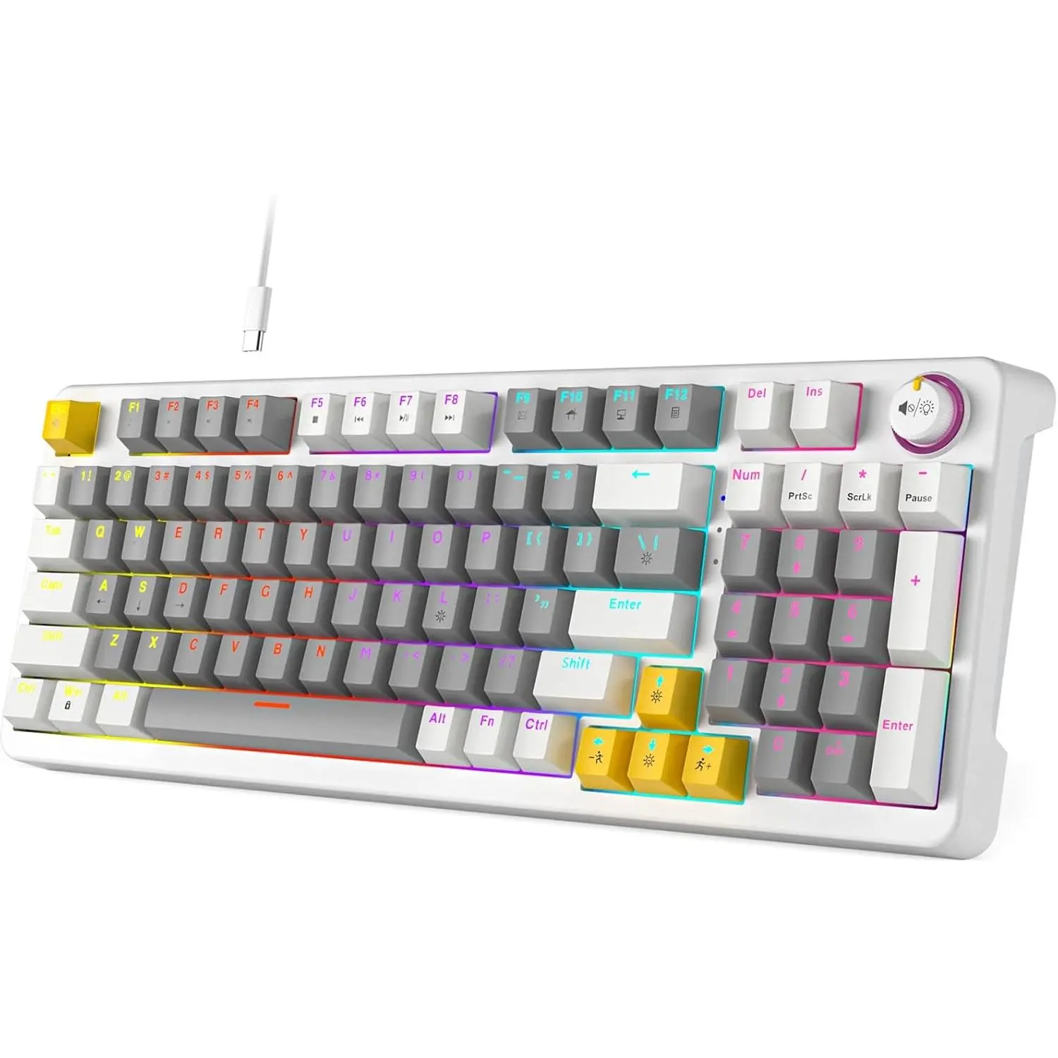 AK96 96% Layout Mechanical Gaming & Work Keyboard - Creamy Keyboard, RGB Backlit, PBT Keycaps, Clicky Sound, USB Wired, Volume Control Knob, Media Controls, Kickstand, Non-Slip, Rapid Responsive Typing, Stable, Compatible with Windows PCs (Grey)
