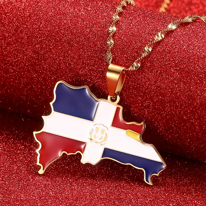 Unisex Stainless Steel Jewelry Dominican Republic Flag Map Pendant Necklace - Simple Look, General Electroplating, Elegant Diamond Cross Pendant