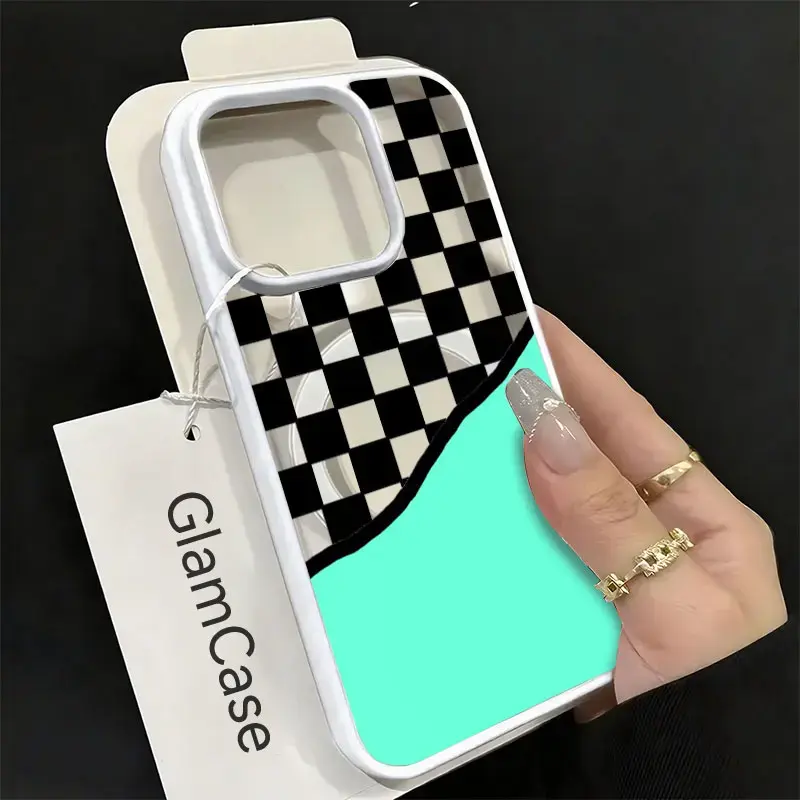 Magnetic MagSafe Smartphone Case - Black Checkerboard & Mint Green Waves Pattern, Ultra-Slim, Shockproof, Cute - Compatible with iPhone 11-17 & Samsung S22-S26 Series, Handheld Cellphone Devices Protection, Ideal for Holidays, Gifts, Casing