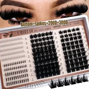 Spikes Bottom 300D/200D/100D/60D Fluffy Lash Clusters 4 IN 1 Spikes & Bottom Lashes Eyelash Extensions D/DD Curl Individual Lashes 6-18MM Cosplay Spiky Wispy Mink Fake Eyelashes, Fluffy False Eyelashes