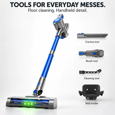 BSNAW 6-in-1 Ultra-Lightweight Cordless Stick Home Vacuum - High-Suction Rechargeable Hand Vacuum, Green LED Anti-Tangle Hair Brush, Home Cleaning Tool for Pet Hair, All Floors, Car Interior Cleaning