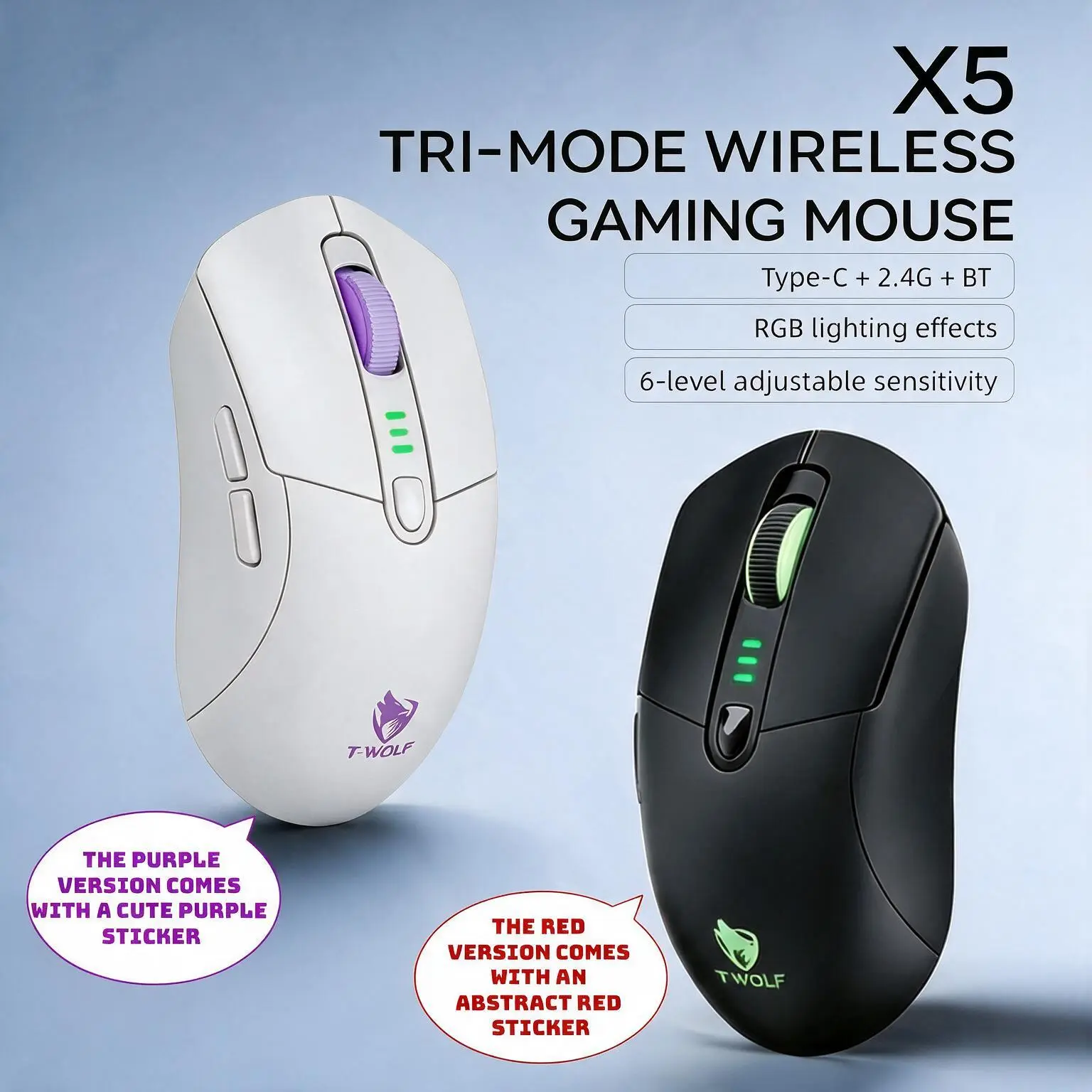 T-WOLF X5 RGB Wireless Gaming Mouse, Black & White Options, Tri-Mode Rechargeable Mouse with Bluetooth 2.4G USB-C, 12800 DPI PC Gaming Mouse with Free Trendy Stickers