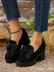 Women's Fashion Bow Design Slip-On Platform Loafers, Casual Fall Winter Shoes, Comfortable Round Toe Daily Wear, Thick Sole Leather Shoes