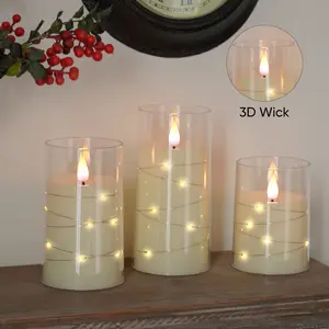 Flameless Candles with Embedded Star String Fairy Lights Battery Operated LED Candles Ivory 3D Wick Yellow Blue Glow Set of 3 H4 5 6 Nightlight for Bedroom Lighting Modes Adjustable Candle Warmer Lamp
