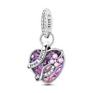 MULA 925 Sterling Silver Pink Purple Crystal Butterfly Heart Charm with Zircon, Insect Inspired Dangle Pendant for Women, Compatible with Pandora Bracelets & Necklaces, Perfect Gift for Girls
