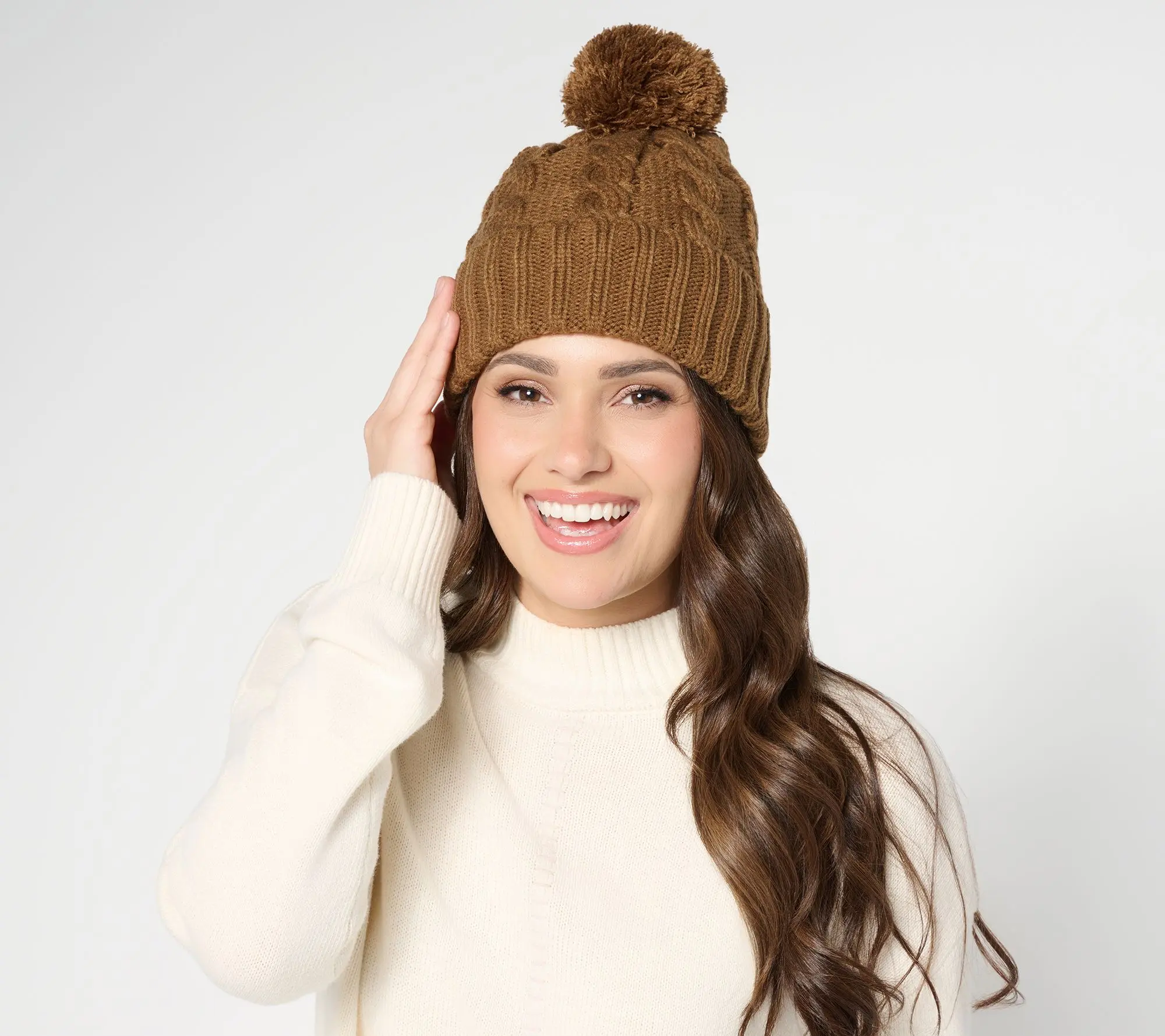 Susan Graver Cable Knit Cuffed Hat with Pom Pom Susan Graver Cable Knit Cuffed Hat with Pom Pom
