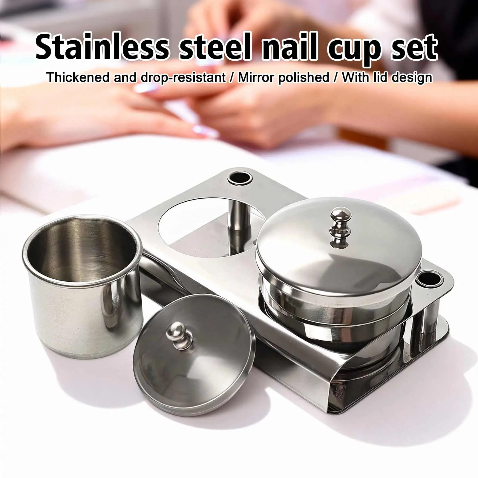 2 acrylic liquid containers, stainless steel acrylic liquid powder cups, stainless steel nail powder rack with lid, for nail design tools, Durable