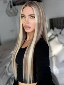 Blonde Brown Highlight 13x4 Lace Front Wig Pre Plucked Hairline Free Part Straight Wig Heat-Resistant Synthetic Wig for Women Daily Wear 28 Inches Synthetic Lace Front Wigs