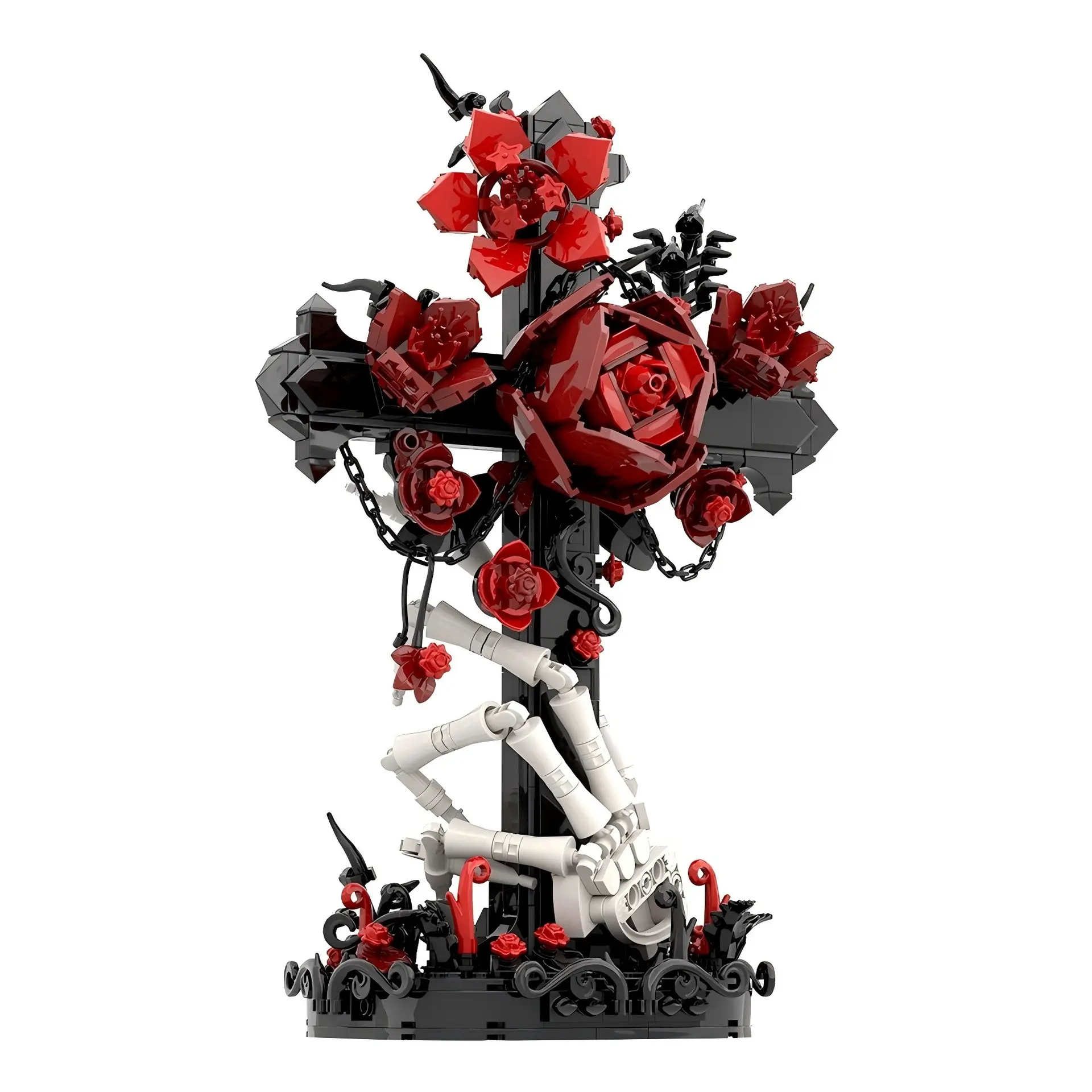 Gothic Skeleton Hand Cross DIY Assembly Kit - 3D Red Rose Building Blocks & Parts, Dark Aesthetic Unisex Collectible Decoration, Goth Lovers' Christmas Gift, High-Difficulty No-Battery Memory Training Fidget Toy with Crafting Fun & Brick Art Elements