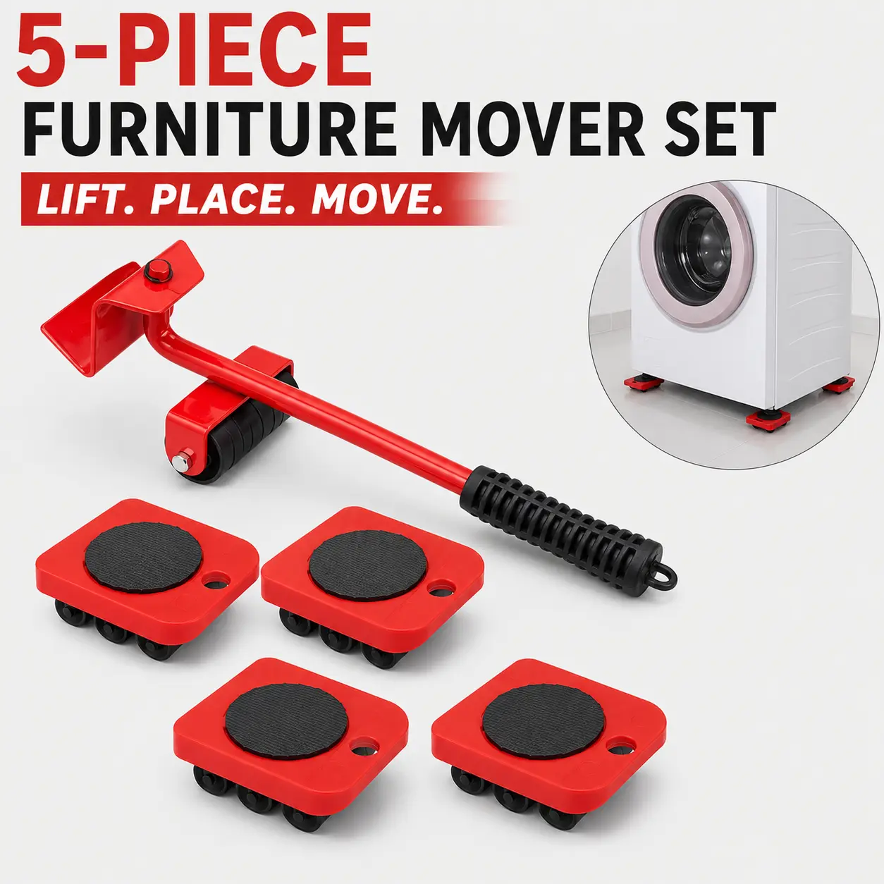Furniture Moving Tool Set (5-Piece) - Heavy-Duty Furniture Lifter with Lever, 4 Roller Dollies, 360° Rotating Pads for Sofa, Cabinet, Refrigerator