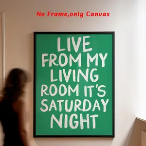 1pc, wall art, Artistic vintage poster, my living room live text printing, white font green background canvas painting, living room aesthetics, bedroom decor, apartment decor, housewarming gift, Unframed, frameless, Decoration