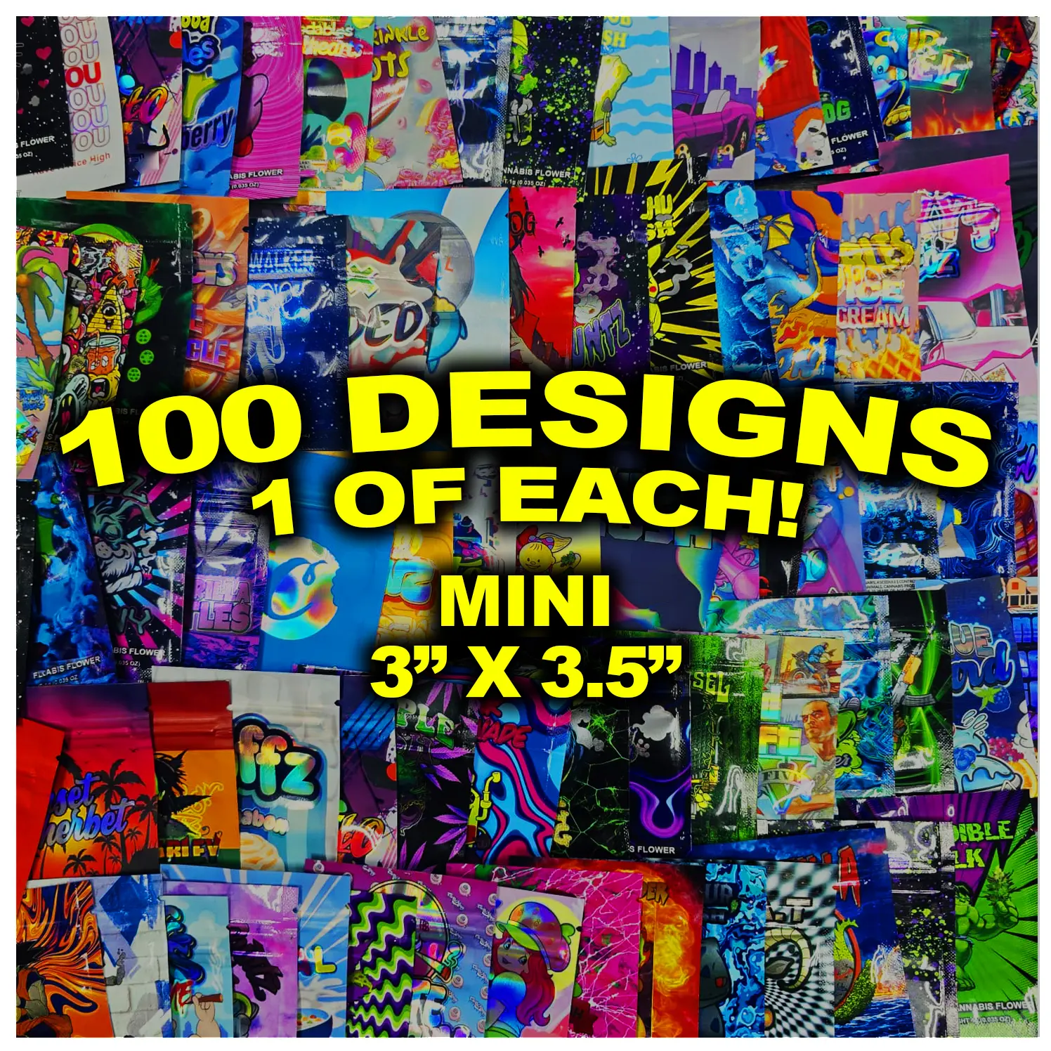 100 Pack Mini 3inx 3.5in Assorted Designs Foil Packaging