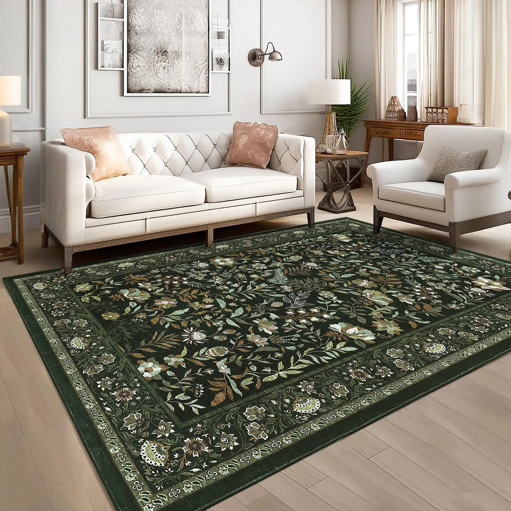 Washable Foldable Printed Rug, Flourishing Branches, Fits Hallway, Living Room, or Workspace, Dark Green