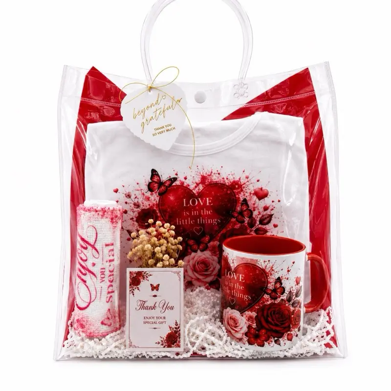 Red Elegance Gift Set for Women – Floral T-Shirt, Mug, Towel & Gift Card