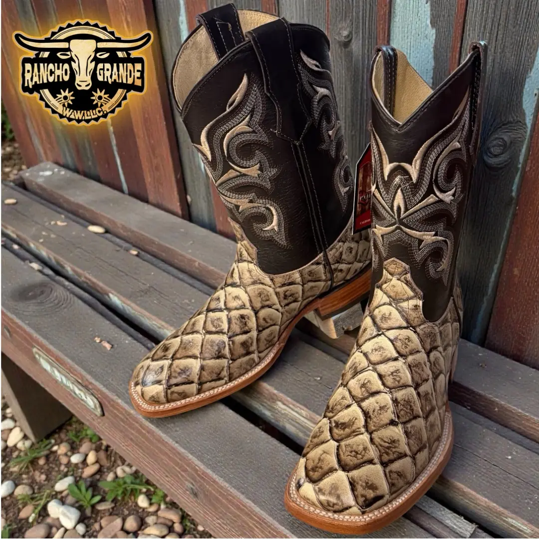 Men's Rodeo Boots Genuine Leather Fish Design /Botas de rodeo para hombre Diseño de Pescado de Piel Genuino /