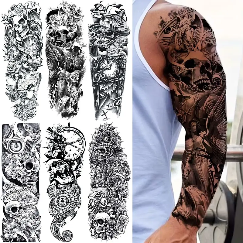6 Pcs Full Arm Skull Temporary Tattoos, Waterproof Skull Vampire Devil Zombie Demon Death Angel Fake Tattoos, Adult Men Women, Waterproof Realistic Tattoos, Tattoo Stickers, Arm Sleeve Tattoos, Gothic Skull Tattoo, Ephemeral Tattoos