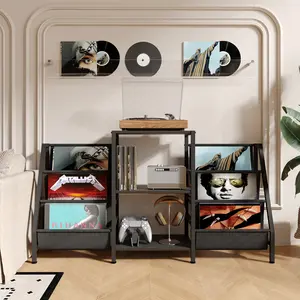 6 Tier Vinyl Record Storage Stand ，Holds 200+ Records & Enlarged Turntable Top，Vertical Space Saving Display Unit For Living Room