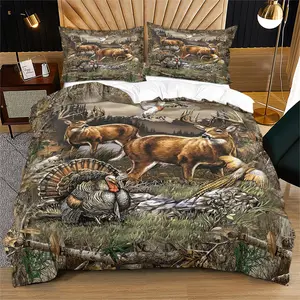 American Hunting Style Foldable Portable Realistic Animal Print, Soft Fabric, All Seasons, 1 Fitted Sheet and 1/2 Pillowcases, Decorative Bedding Set