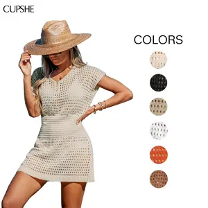 CUPSHE Boho V-Neck Crochet Beach Cover Up Swimsuit - Cinched Waist Slim Fit Mini Dress | 2026 Beach to Street Summer Vacation Essentials for Women Swimwear Coverups SpringStatements
