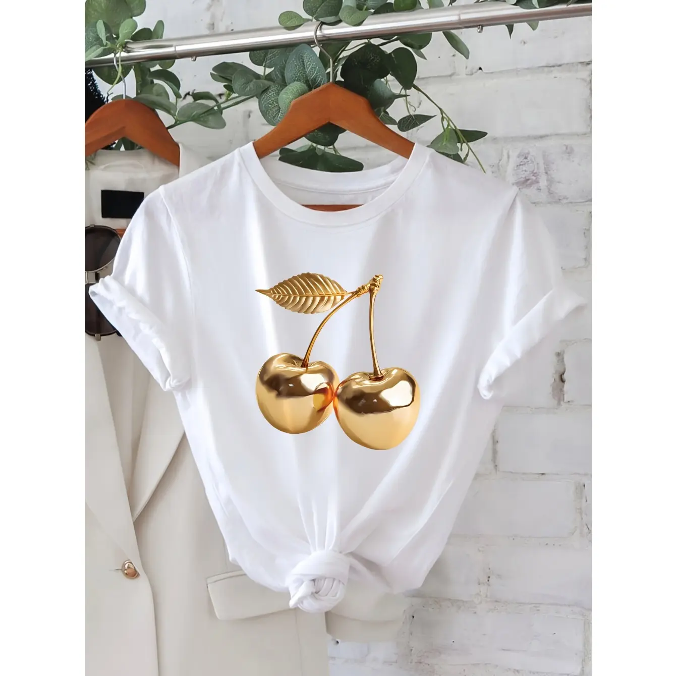 Women's Graphic T-Shirt, Soft Breathable Shortsleeve Crewneck Top with Minimalist Golden Cherry Print for Everyday Wear, Soft Fabric, Casual, Sporty Chic, Women's Clothes, Graphic T Shirts, Clothes For Women