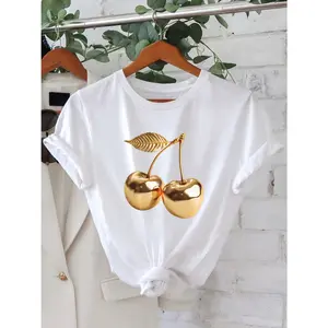 Women's summer fashion with golden cherry print Graphic T-Shirt - White Short Sleeve Crew Neck Regular Fit Casual Wear | Soft & Breathable Fabric, Durable Print, Everyday Comfort, Machine Washable, casual, minimalist, modern indoor clothing