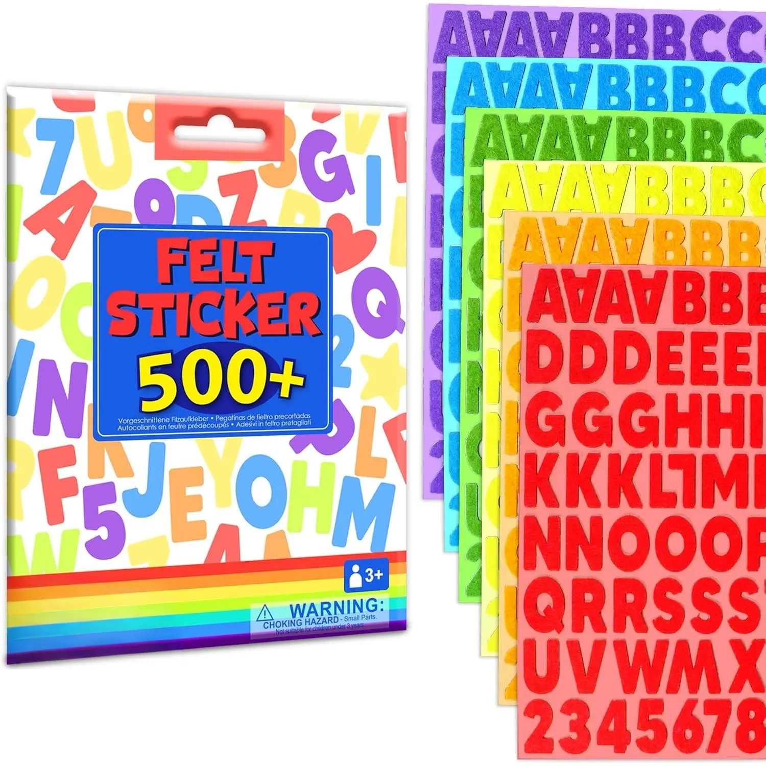 SQ-SA004 Self-Adhesive Felt Sticker Kit for 3+ Years Old Kids, 500 Assorted Scrapbook Stickers (Alphabets, Numbers, Fun Shapes) for Preschool Early Learning, Basic Alphabet and Number Skills, Hand Eye Coordination Building, DIY Arts & Crafts, Build Up Han