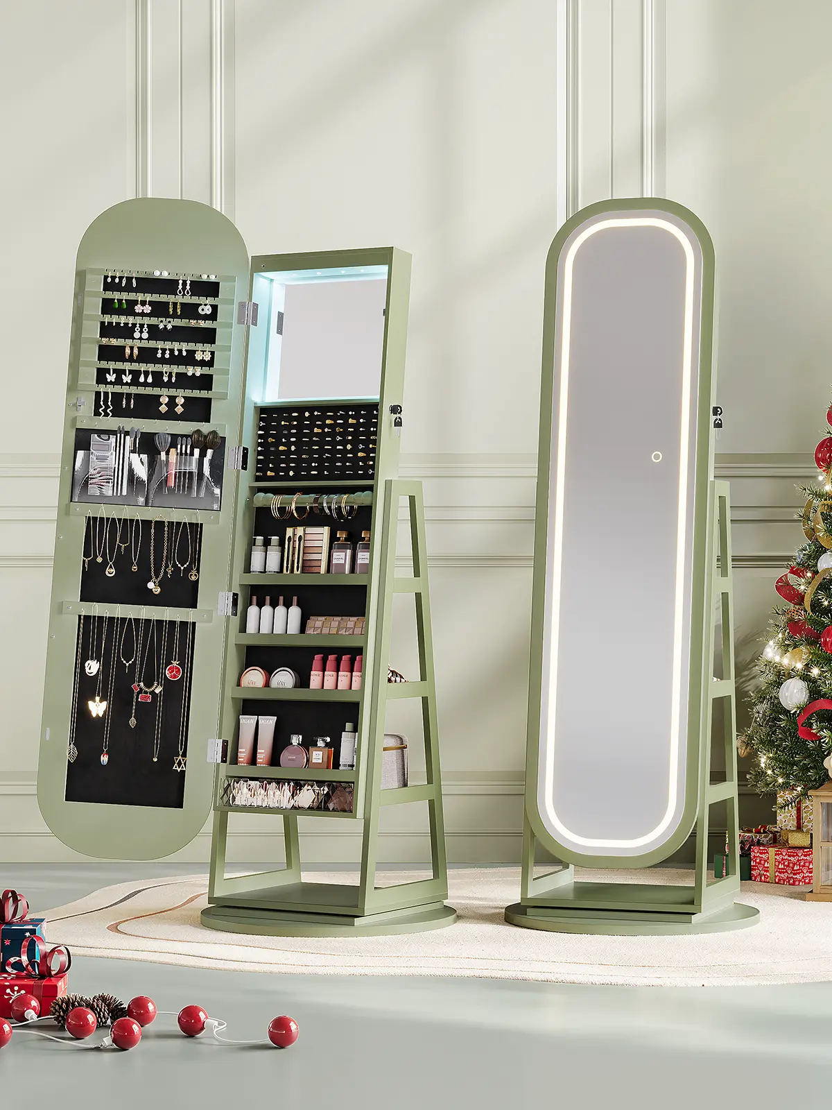 【LED Jewelry Mirror】ONBRILL 360° Swivel Jewelry Mirror Cabinet with Lights Inside Makeup Mirror Standing Jewelry Armoire Organizer Rotatable Full-Length Mirror with Jewelry Storage Lockable with Back Storage Shelves【SummerFinds】