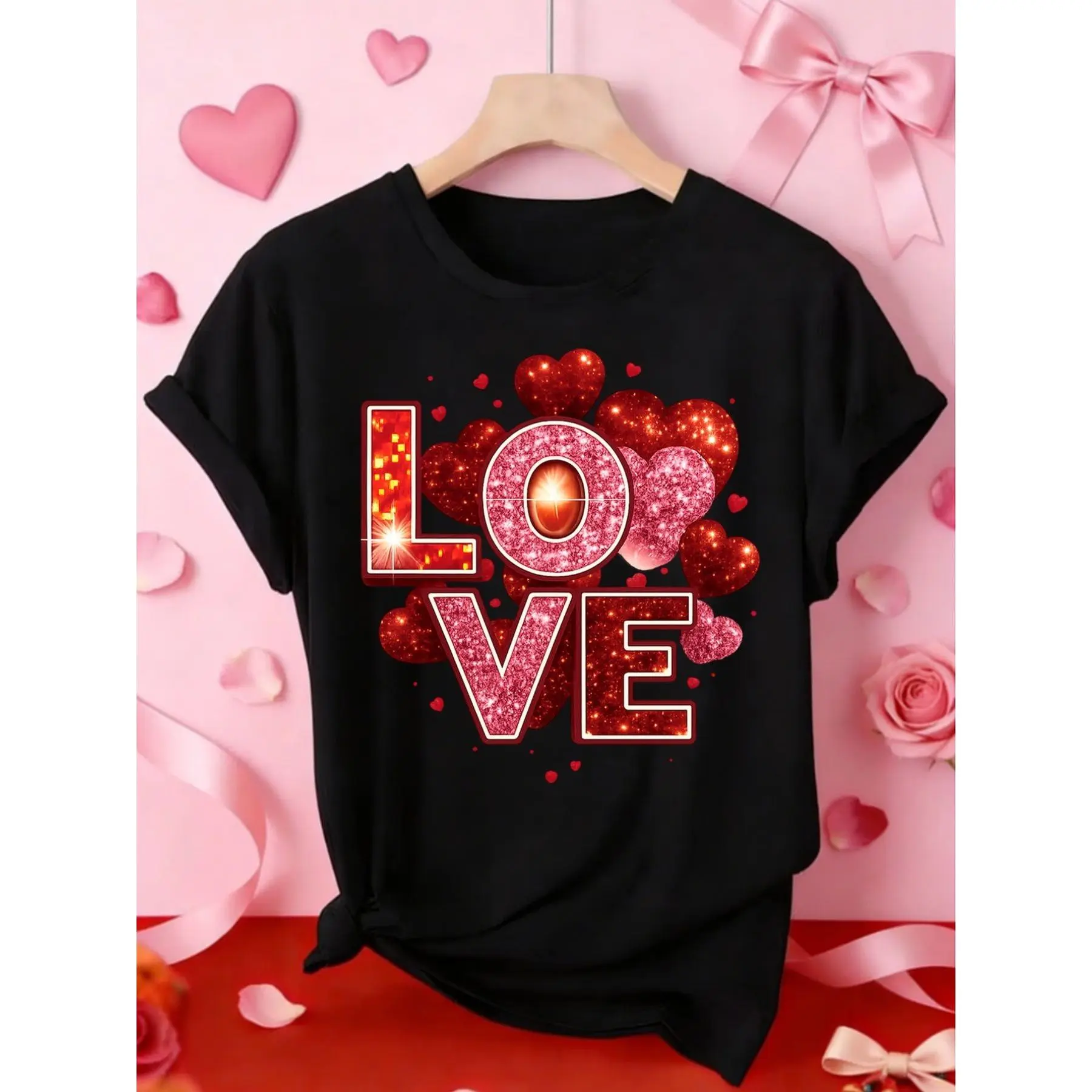 Love Glittery Heart Graphic T-Shirt for Plus Size Women - Short Sleeve Casual Tee with Bold 'LOVE' Design in Red and Pink, Perfect for Valentine's Day or Romantic Occasions - Stylish and Fun Top to Show Your Love and Add Sparkle to Your Wardrobe