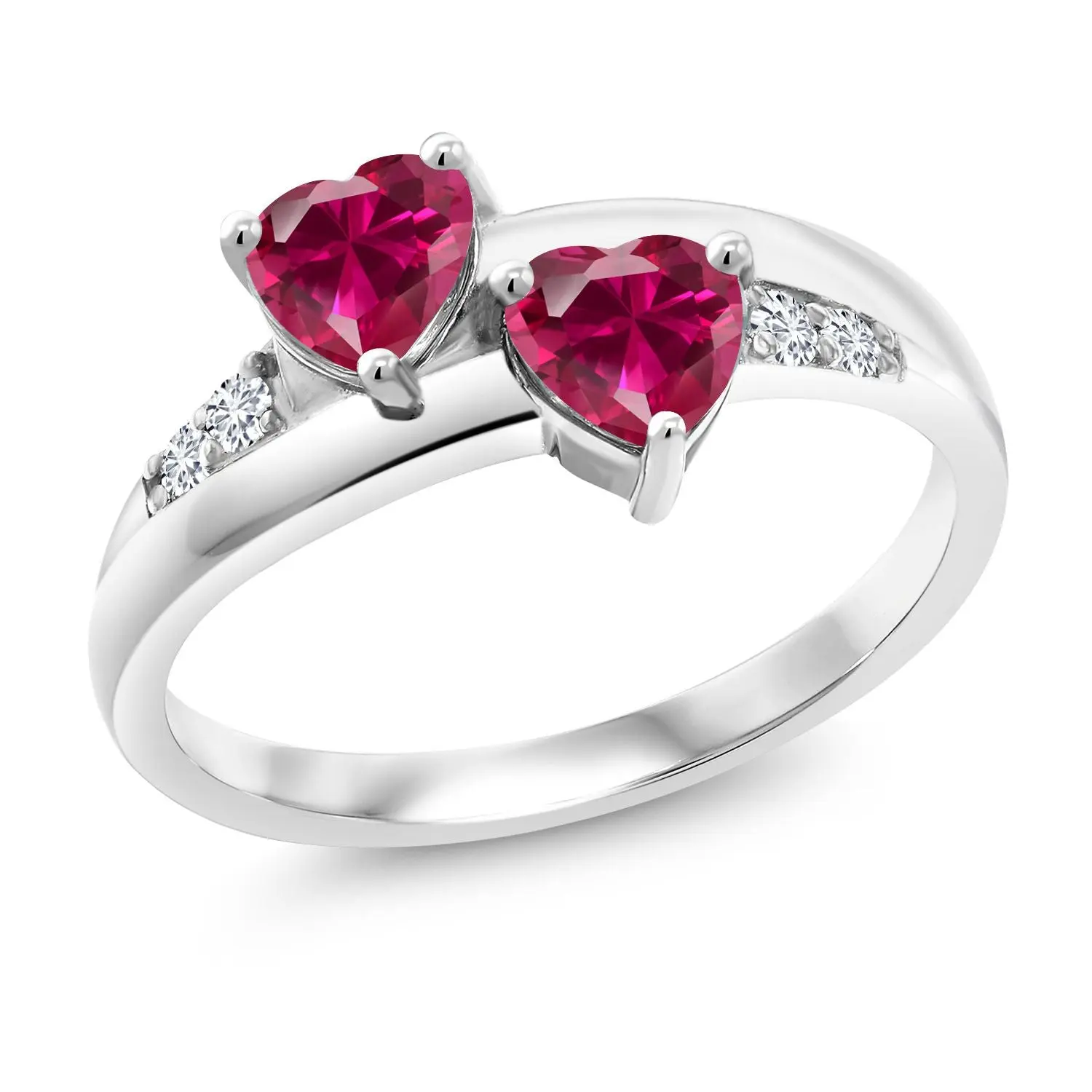 Gem Stone King 1.28 Cttw Red Created Ruby and Lab Grown Diamond Ring For Women | 925 Sterling Silver | Heart Shape 5MM | Wedding Engagement Anniversary Promise Ring For Women