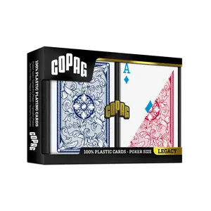 COPAG Legacy 4-Color 100% Plastic Poker Playing Cards - Poker Size, Regular Index, 2-Deck Set (Blue/Red), Durable, Card Deck Box Included, Card Set
