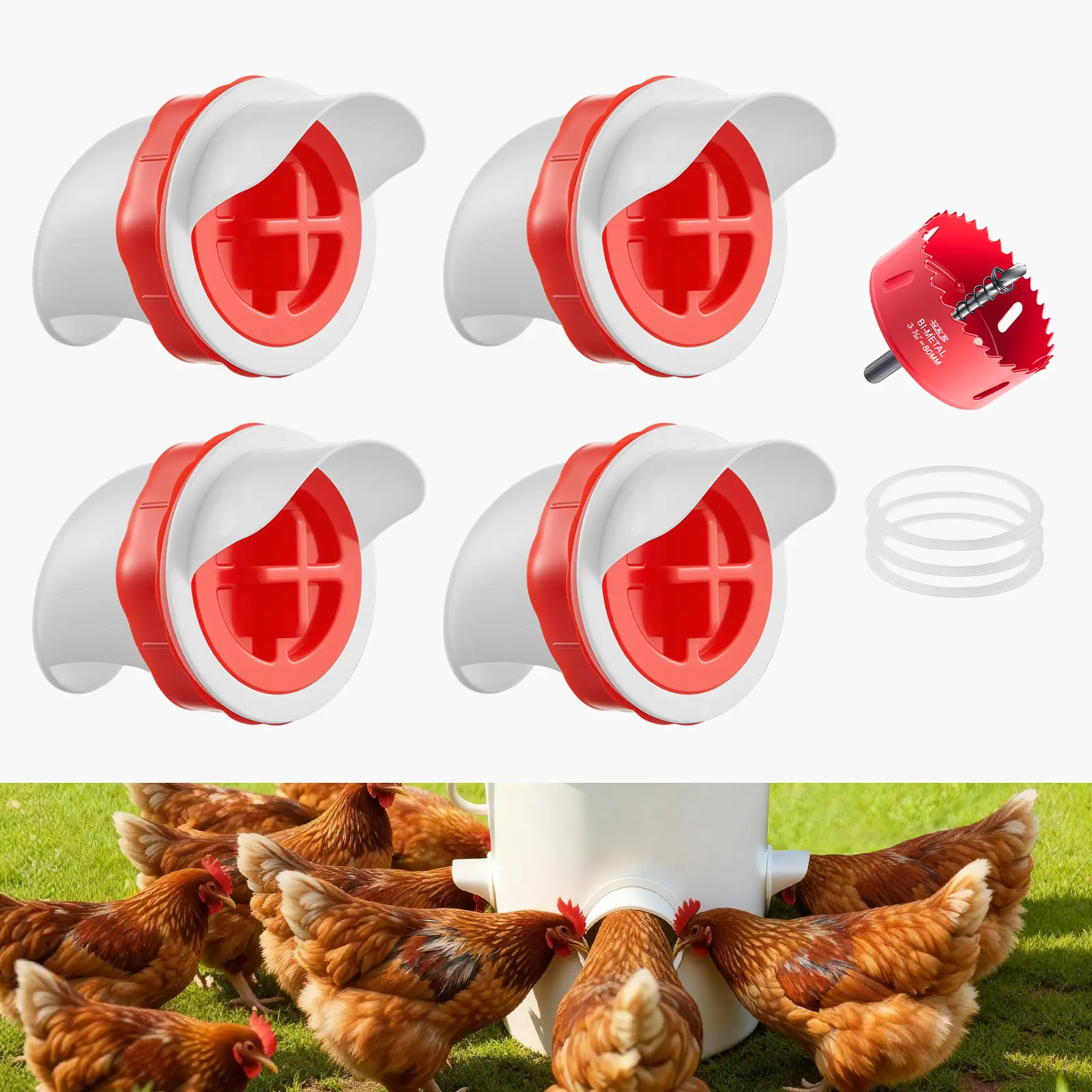 【SummerFinds】VEVOR DIY Chicken Feeder, 4 Feed Ports, Rain Proof Poultry Feeder with Cover, No Waste, Automatic Gravity Feed Kit with Sturdy Steel Hole Saw, Rubber Sealing Ring, for Buckets, Barrels, Bins, Troughs