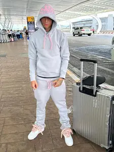 Men Cotton Printed Tracksuit 2PCS Set Hoodies Straight Pants Casual Loose Hip Hop Sports Hooded