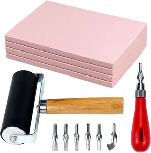 4 Pack Rubber Block Stamp Carving Blocks with Cutter Tools and Rubber Brayer Roller for Printmaking and More Crafts