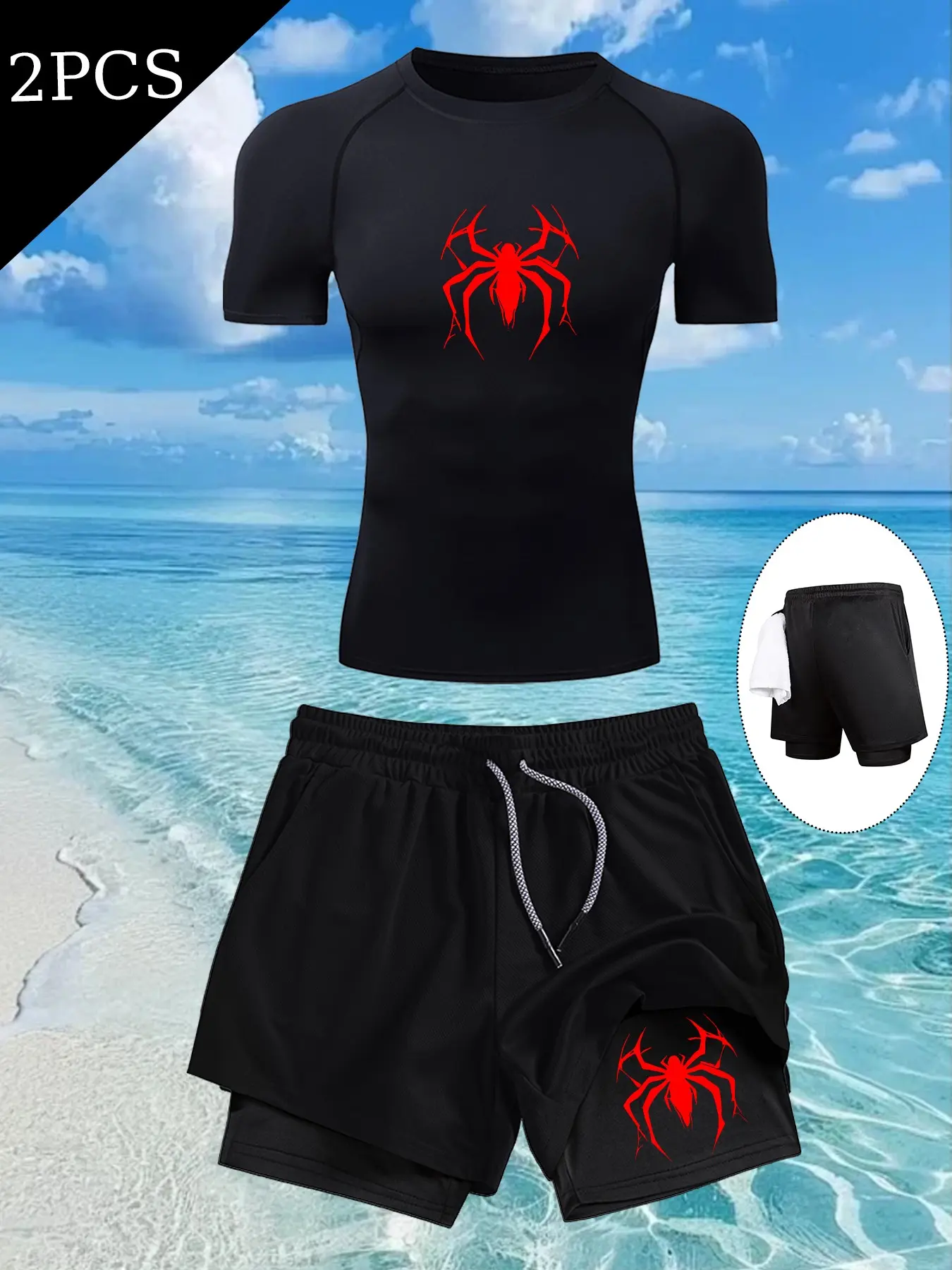 Men's Summer Sports Set, Tight Fit Short Sleeve + Multi-Pocket Knee-Length Shorts, Spider Print, Breathable Quick-Dry Gym Wear