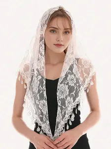 Women's Floral Embroidery Lace Trim Tie Neck Scarf, Casual Soft Comfortable Shawl for Daily Wear, Versatile Accessory, Fashion Accessories for Women & Girls, Embroidered Scarf