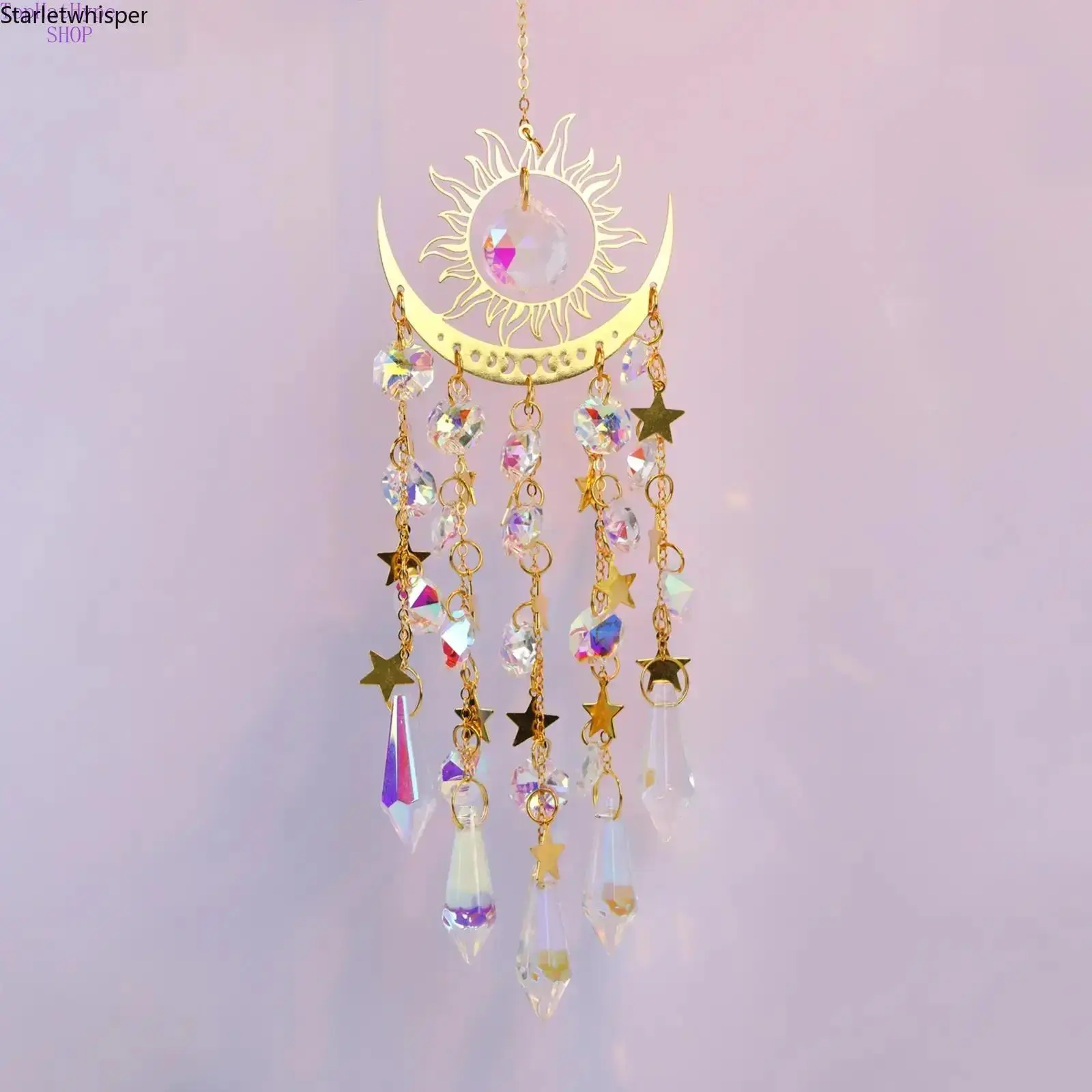 Golden Flame Moon Crystal Hangable Suncatcher Decoration - AB Color Prism Wind Chime Pendant for Outdoor Garden-Window, Sparkling Rainbow Maker Boho Ornament for Spiritual Gifting