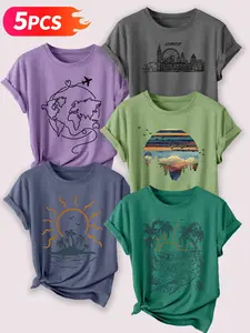 Women's 5-Pack Crew Neck T-Shirts, Travel Scenery Print (London Skyline, World Map, Sunset Mountains, Island, Palm Beach), Multiple Colors Available, Machine Washable, Spring & Summer Top, Soft Skin-Friendly Fabric, Daily Versatile, Fashion Design