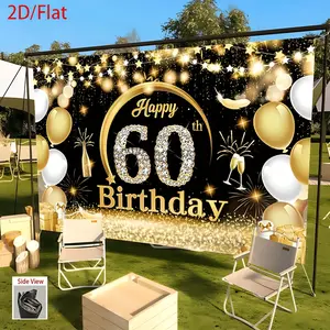 Glamorous 60th Birthday Party Banner - Fabric Backdrop with Golden Balloons, Champagne Glasses & Sparkling Lights, Perfect for Home, Office, Bar, Cafe Decor, Father'S Day & Midsummer Festival Celebrations, Birthday Party Decorations Ornaments White