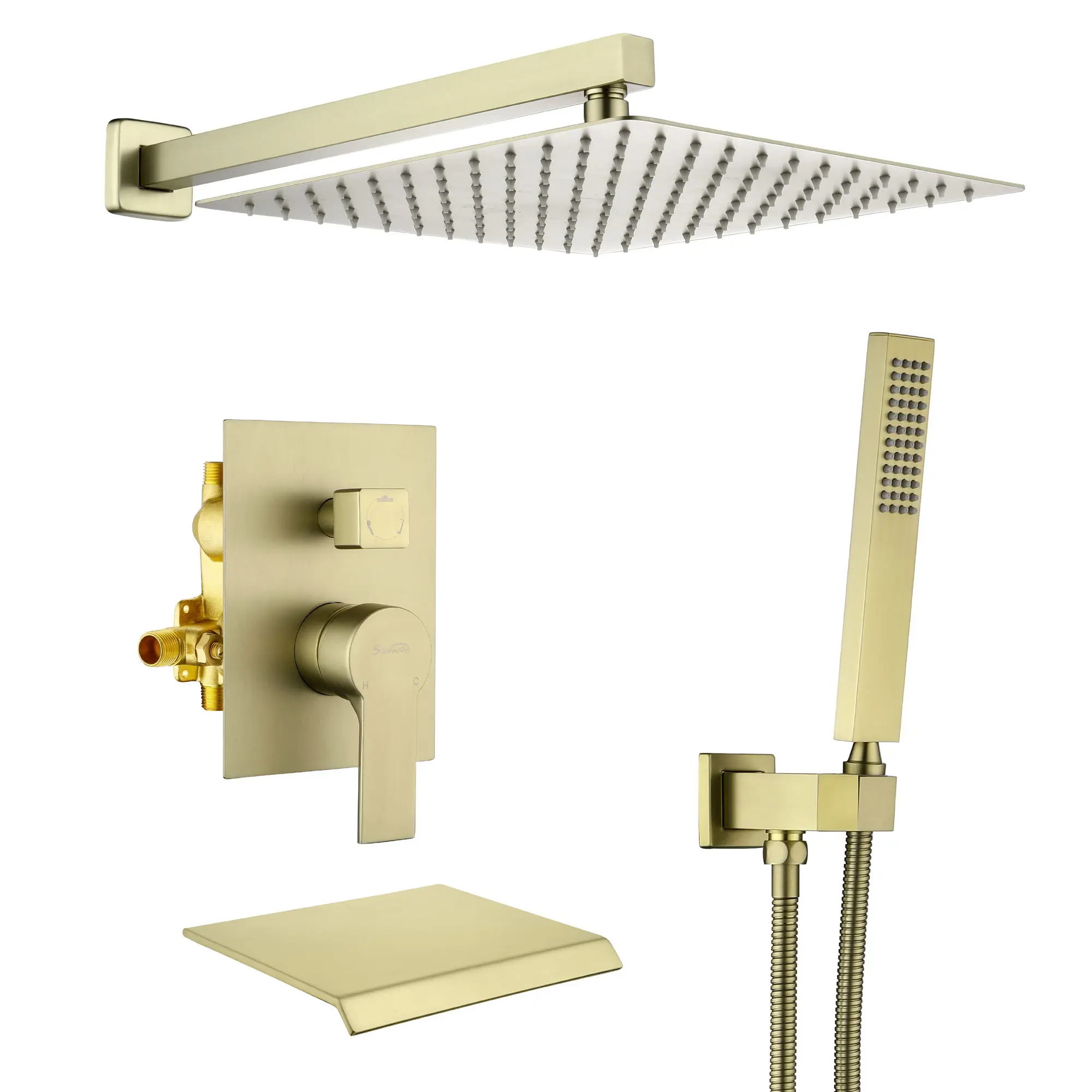 CUPC 3-Function Rain Shower Head Combo 10/12inch Square 3Outlet Hidden Shower Faucet Set with Handheld Spray & Waterfall Bathtub Spout - Matte Black, Brushed Nickel, Brushed Gold
