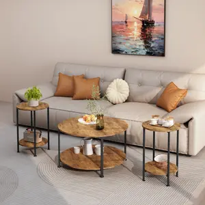 3-Piece Coffee Table and End Table Sets for Living Room, Round Coffee and End Table Set of 3 with Large Storage, Modern Farmhouse Furniture for Apartment Home (Rustic Brown)