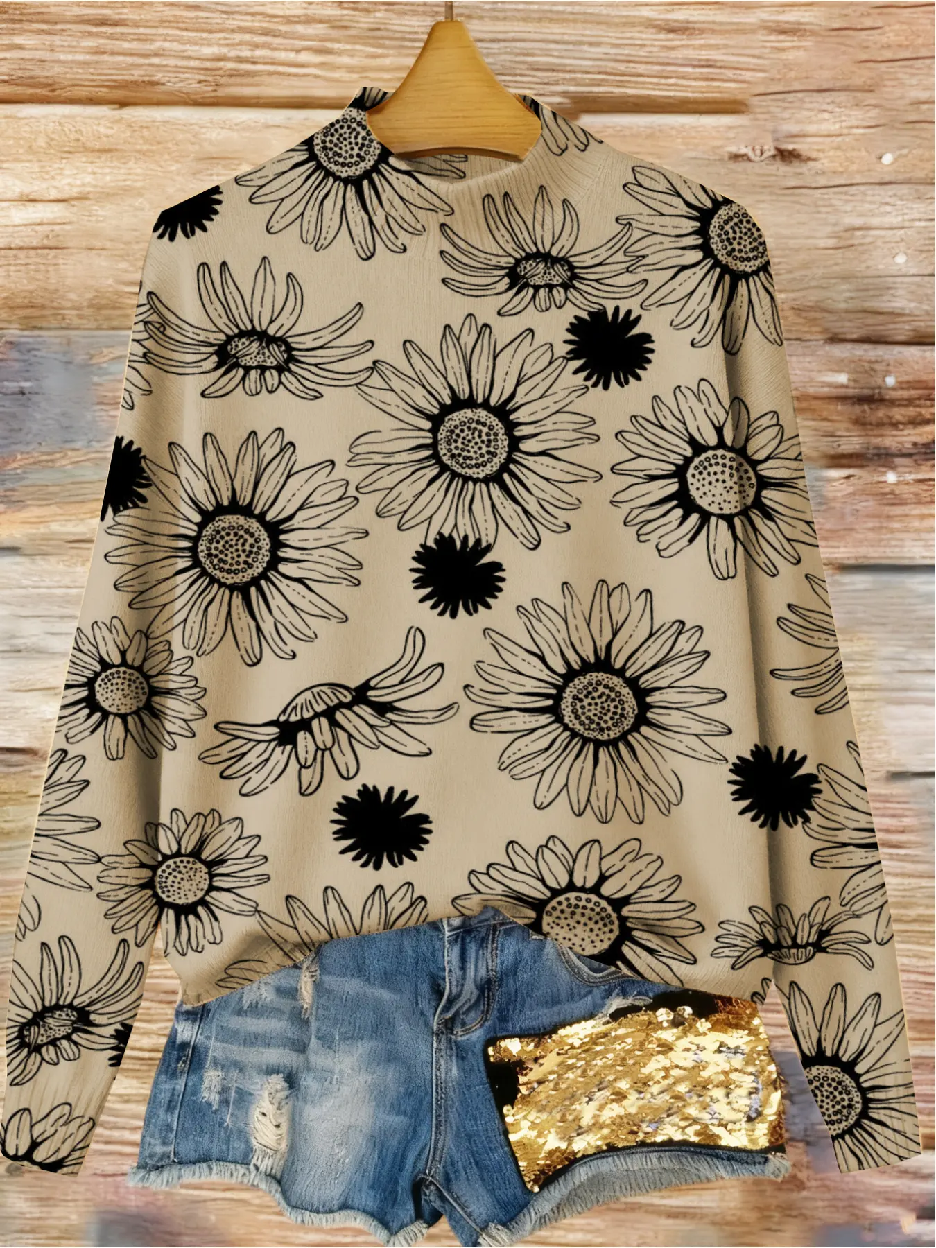 Women's Sunflower Floral Print Stand Collar Sweater, Autumn Winter Casual Long Sleeve Knitwear, Comfortable Warm Daily Wear