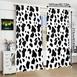 2 Piece Set Cow Print Curtains, Cute Cow Spots & Vintage Feel, Filter Light Drapes, Polyester Rod Pocket, Hand Washable, Window Curtain, Room Decor Curtain, Upgrade Curtain