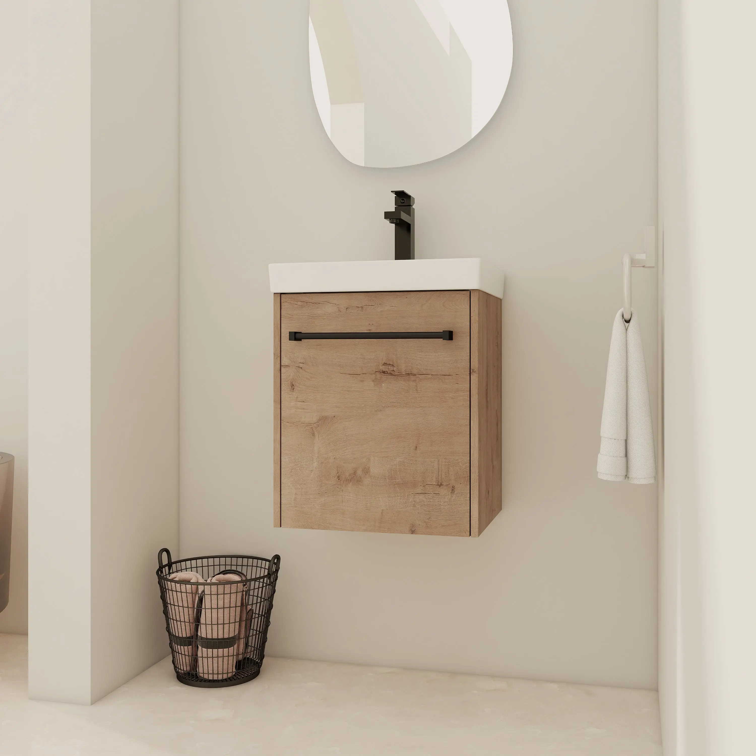 18-Inch Floating Bathroom Vanity with Ceramic Sink, Soft-Close Door & Oak Finish for Small Bathrooms